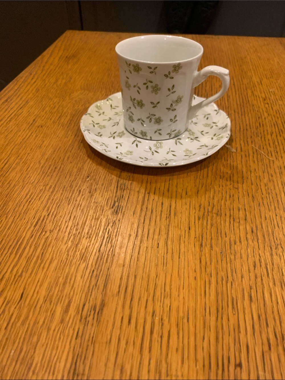 White Porcelain Teacup and Saucer with Green Floral Pattern
